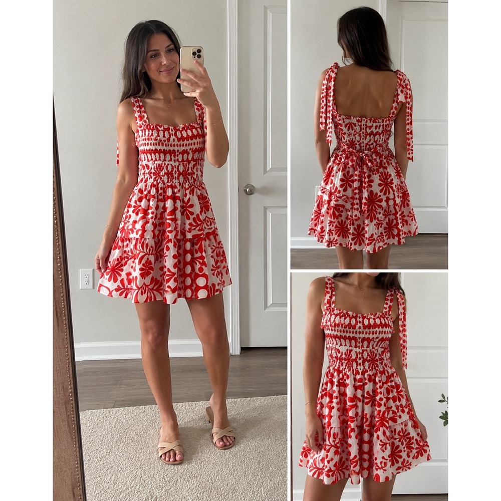 Crystal Sky Red White Floral Smocked Mini Dress Tie Shoulder Tiered Large NWOT